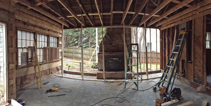 Worst water damage of all... the wall in the great room slowly separated from the chimney around the fireplace, creating such serious water damage that the entire wall had to be rebuilt. (Luckily, this was once a garage that was closed-in to make a den, so the floor is concrete and was not compromised.)
