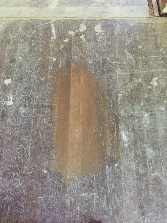 Test patch to discover what species of wood we have under all that gunk. White oak it is!