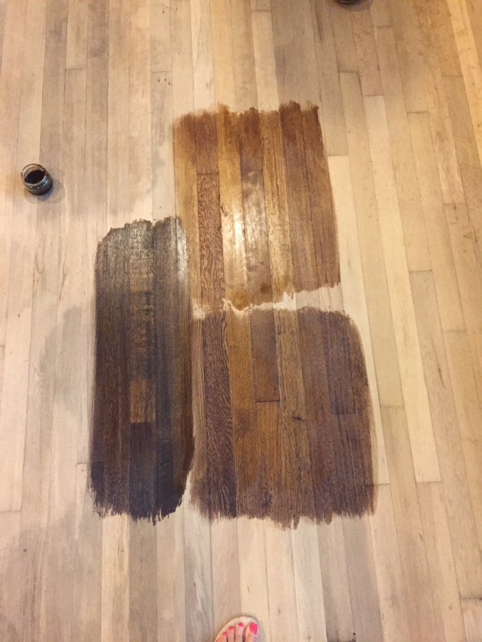 Test patches -- the bottom left was our winner, Minwax's "Provincial."